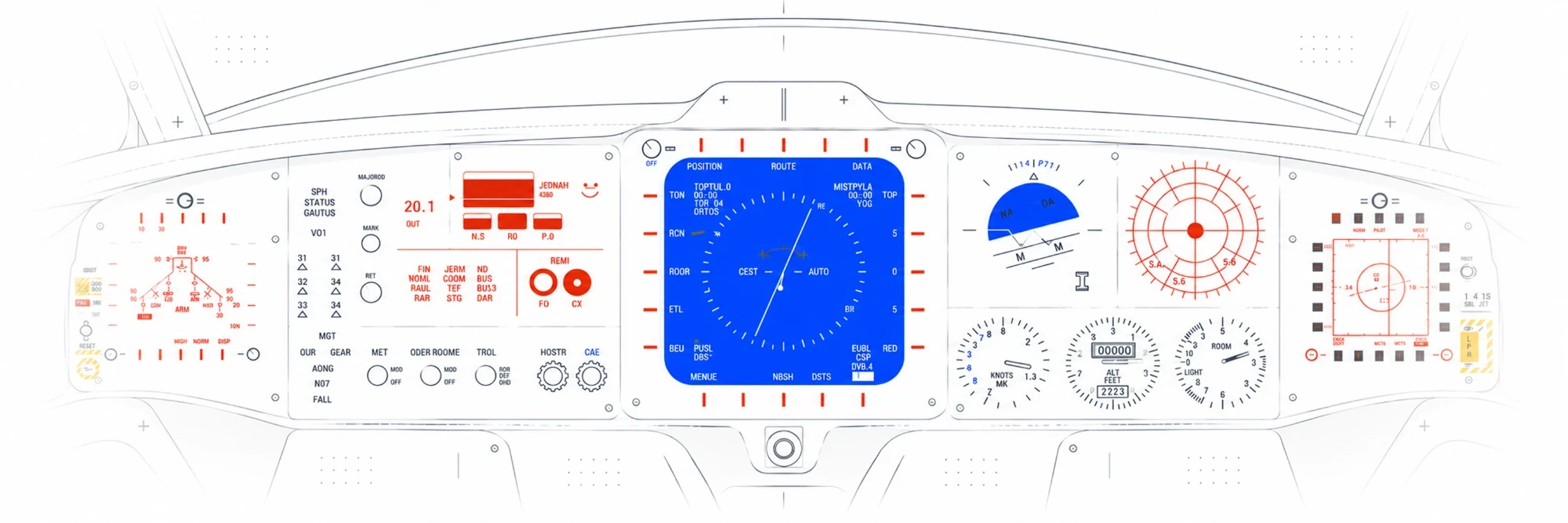 Cockpit instrument panel with five multi-function displays showing navigation, engine and flight data.