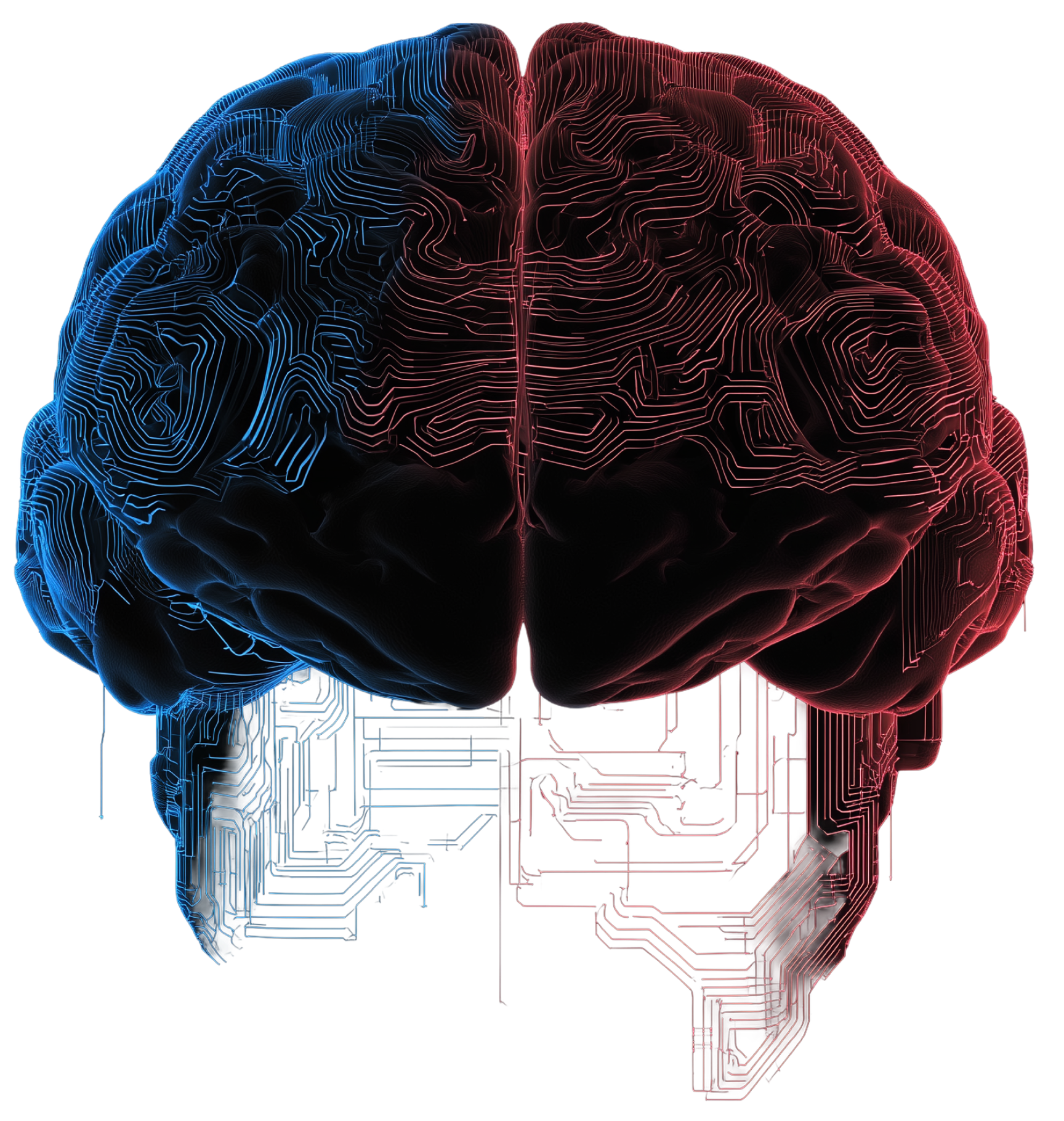 Human brain rendered as glowing circuit-board traces, one hemisphere blue and the other red