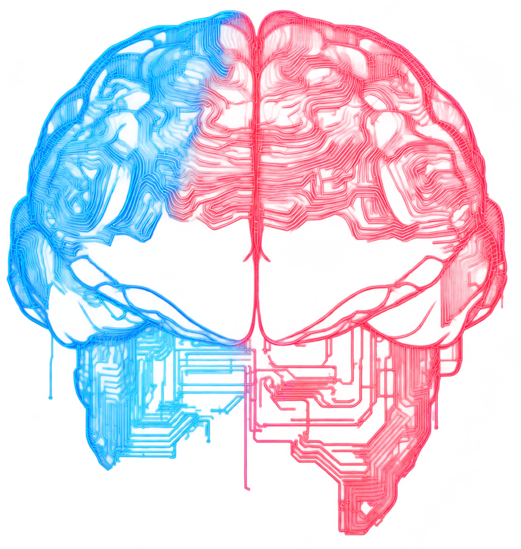 Human brain rendered as glowing circuit-board traces, one hemisphere blue and the other red