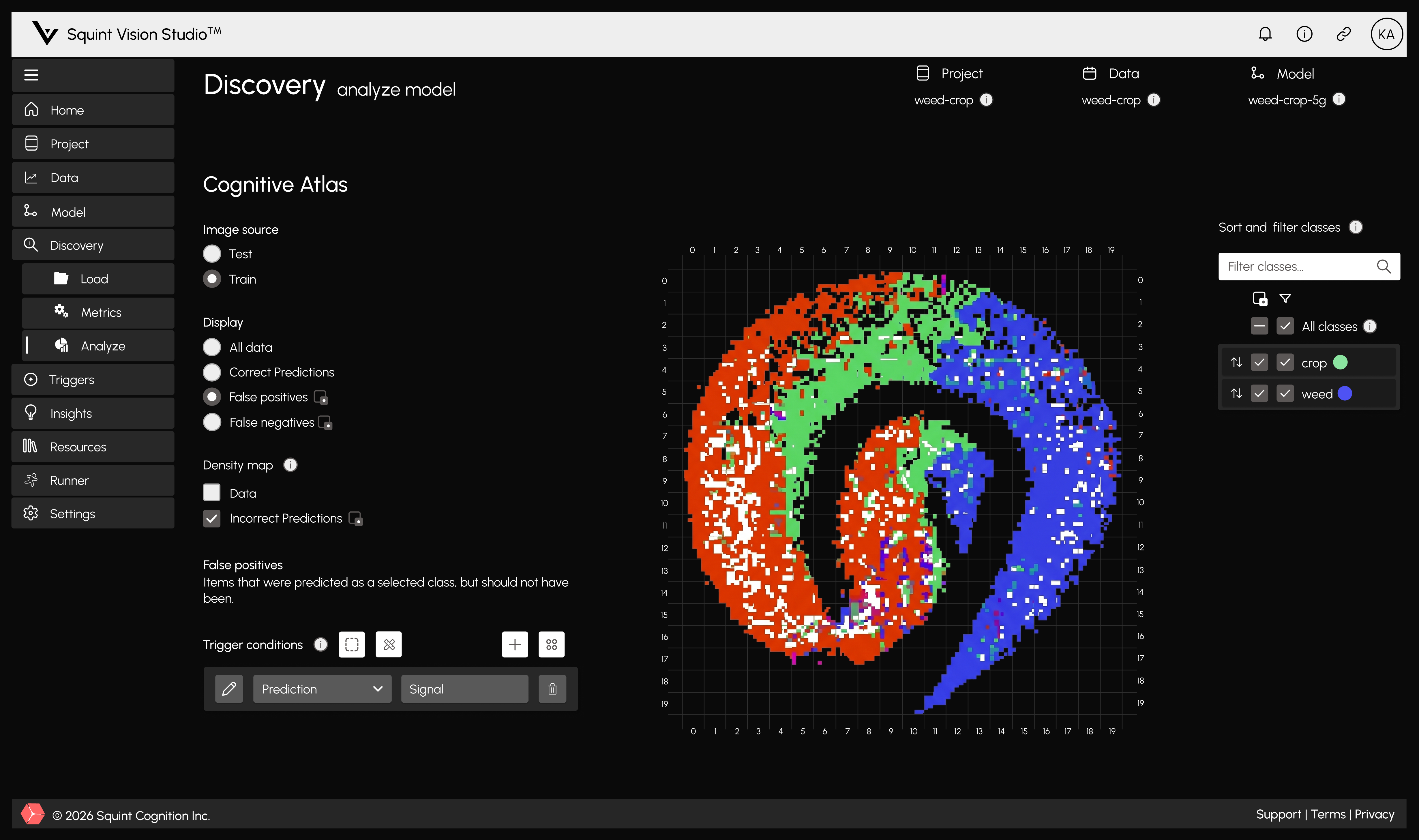 The Squint Vision Studio Discovery workspace, showing a model's embedding space as a coloured cluster map