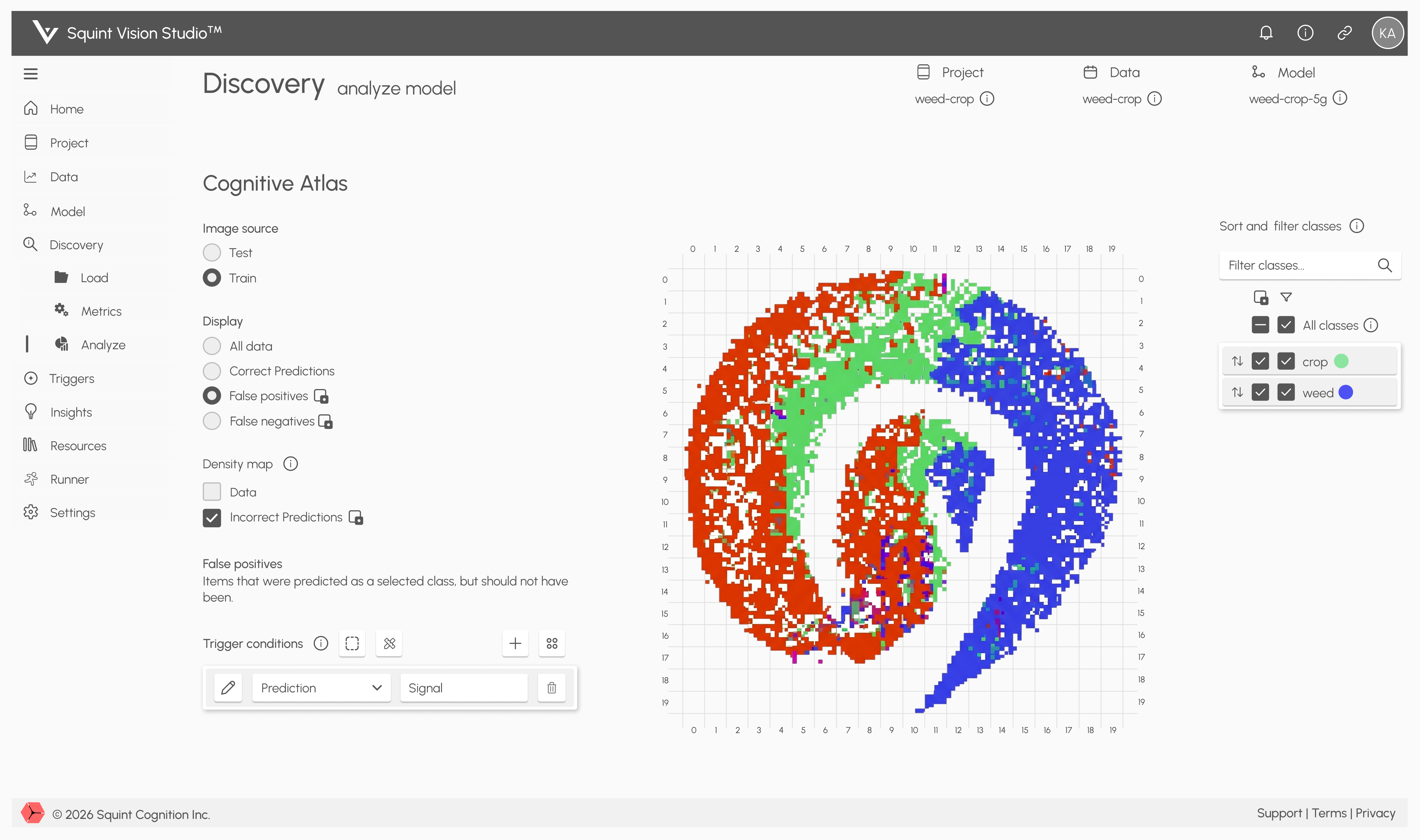 The Squint Vision Studio Discovery workspace, showing a model's embedding space as a coloured cluster map