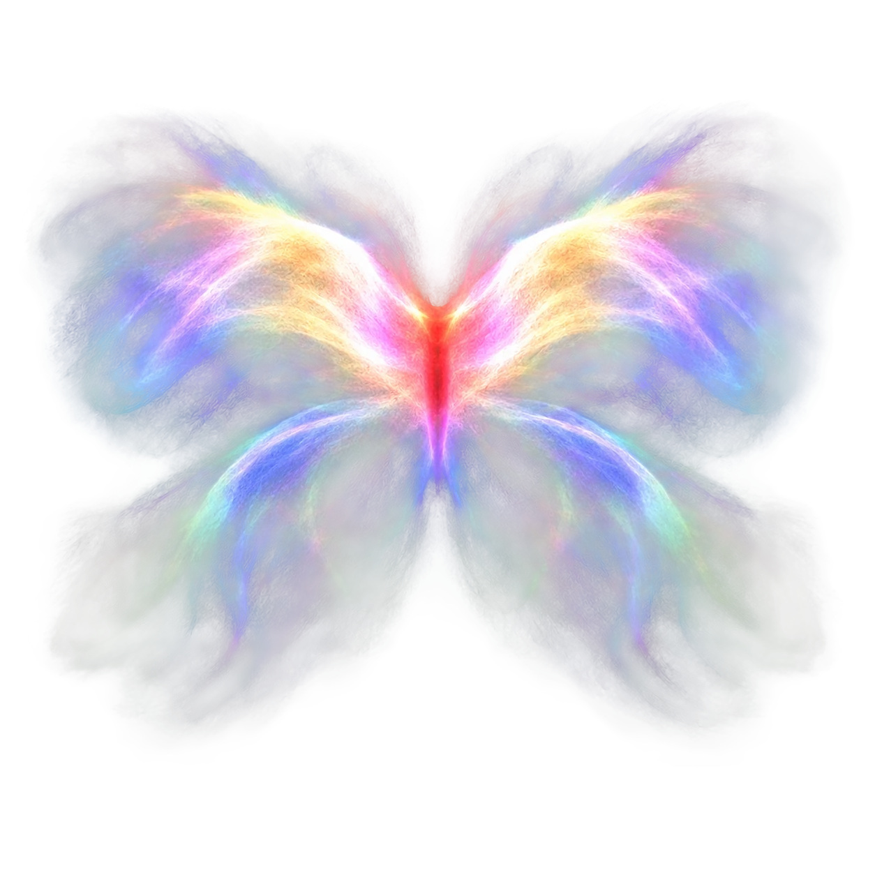 A butterfly-shaped cloud of coloured particles