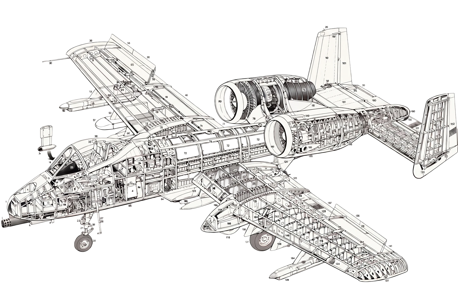 Annotated cutaway line drawing of a jet