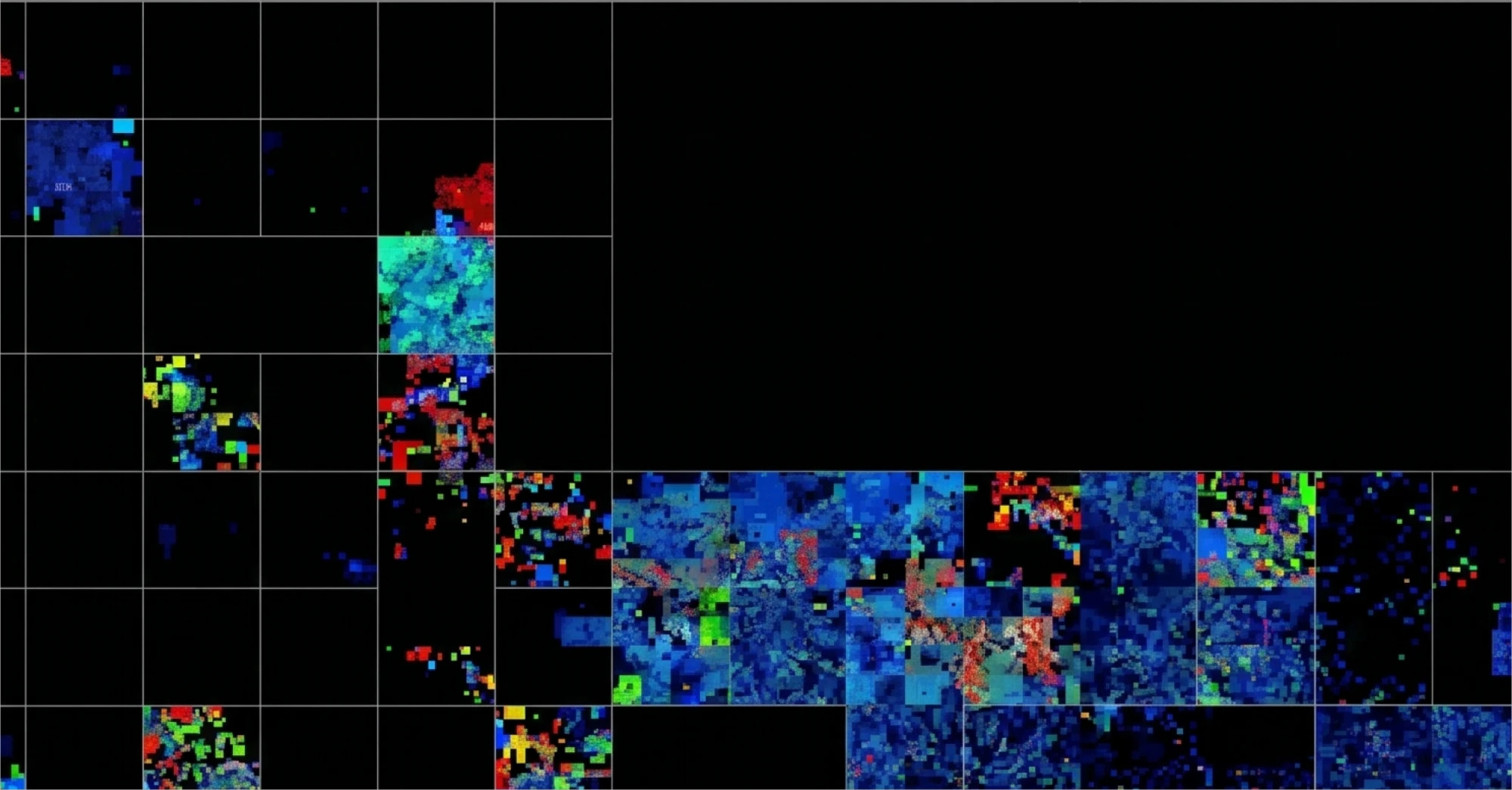 A grid of aerial image tiles overlaid with colour-coded explainability heatmaps