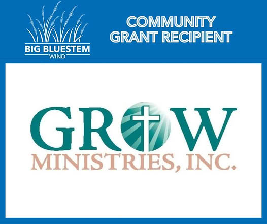 Big Bluestem Wind logo with tall grass above the text 'COMMUNITY GRANT RECIPIENT' and the Grow Ministries, Inc. logo featuring the word GROW with a cross inside the letter O.
