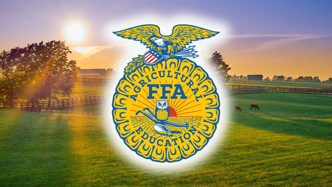 Scenic rural landscape at sunset with green pastures, wooden fences, trees, and grazing horses; overlaid in the center is the FFA emblem featuring an eagle, shield, owl, plow, and rising sun with the text Agricultural Education FFA.