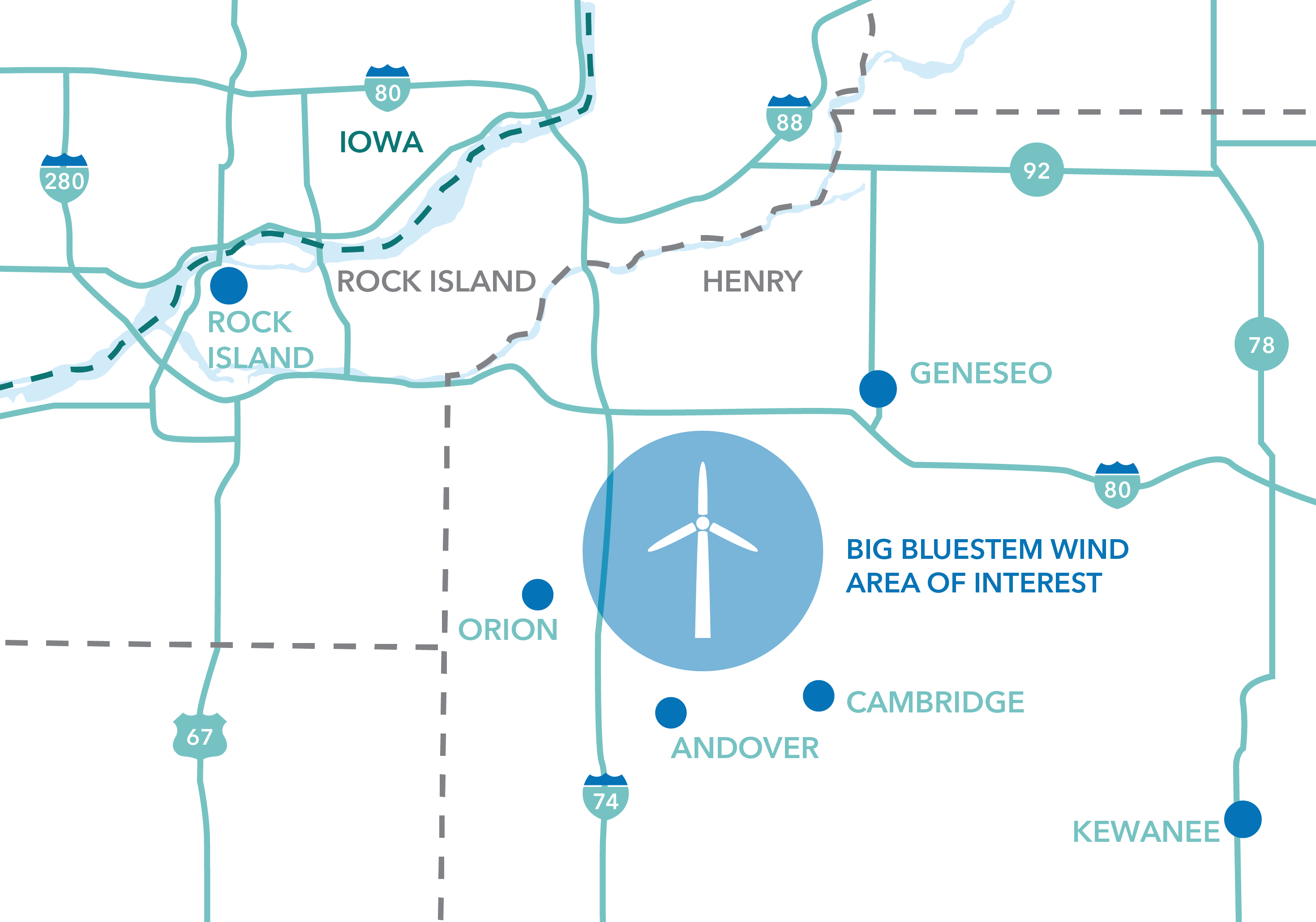Map highlighting the Big Bluestem Wind area of interest in Illinois near the towns of Geneseo, Cambridge, Andover, Orion, Rock Island, and Kewanee, shown with major highways including interstates 80, 88, 74, and others.