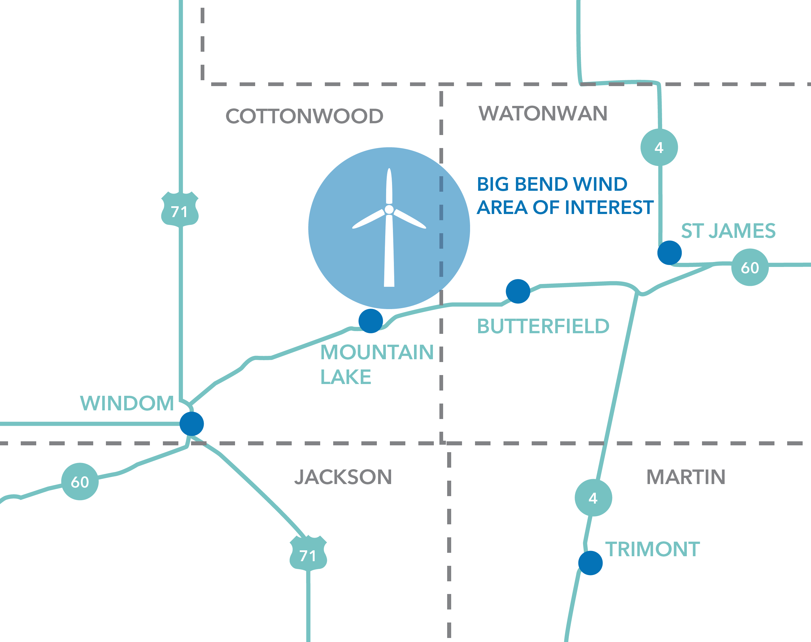 Map section highlighting the Big Bend Wind Area of Interest near Mountain Lake in Cottonwood County, with nearby towns Windom, Butterfield, St James, and Trimont marked along highways 71, 60, 4, and 71.