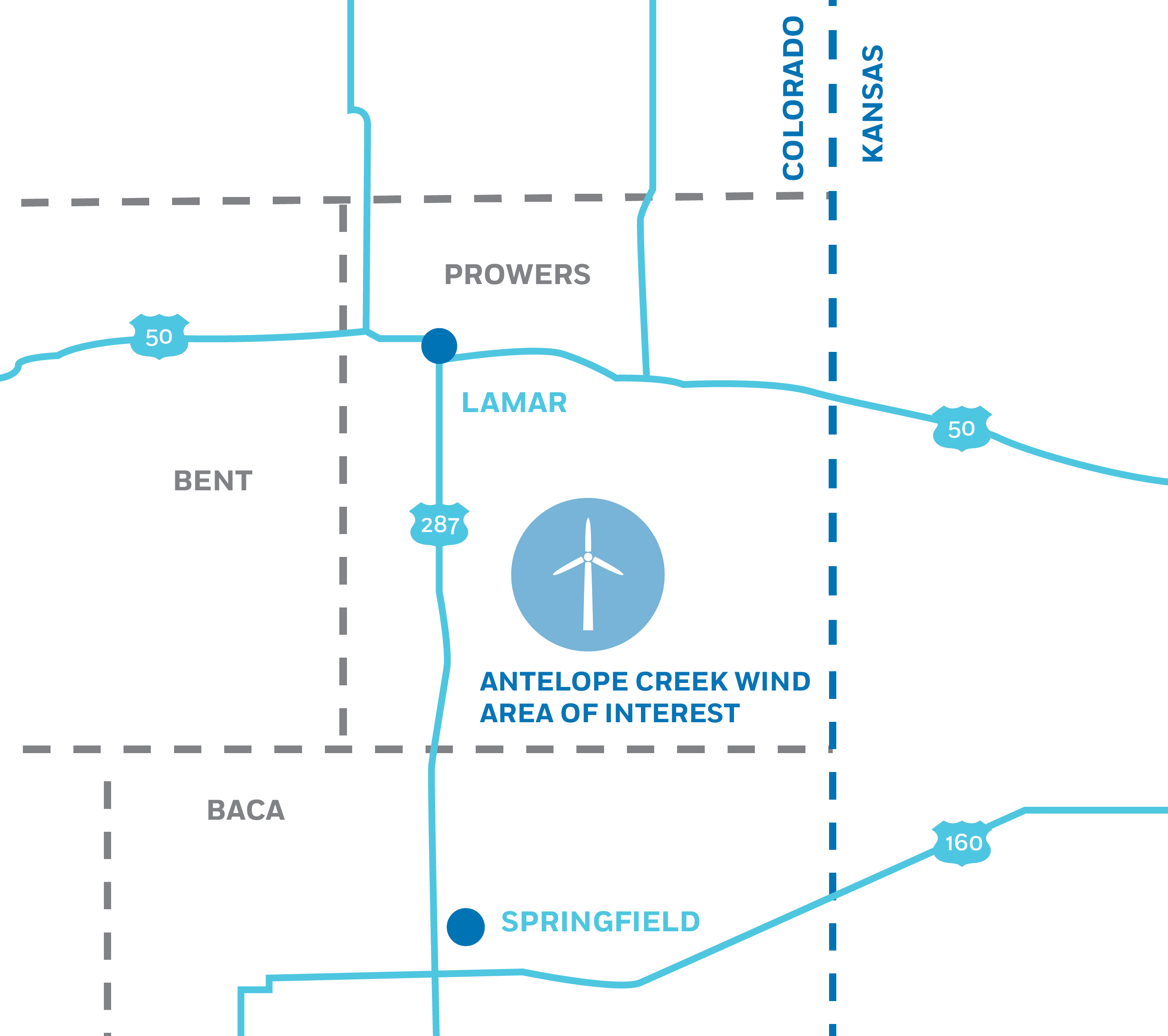 Map showing the Antelope Creek Wind Area of Interest in southeastern Colorado near Lamar and Springfield along highways 50, 287, and 160, highlighting county borders of Prowers, Baca, Bent, and state lines for Colorado and Kansas.