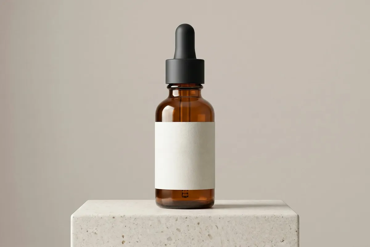 An amber glass dropper bottle with an almost empty white label, standing on a concrete block in hard light