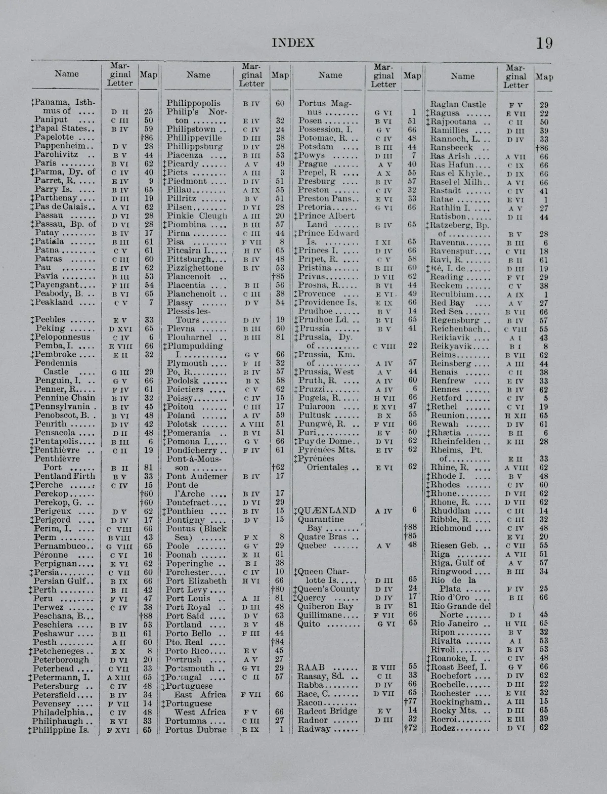 A printed index page, entries alphabetised and set dense in small type with page numbers