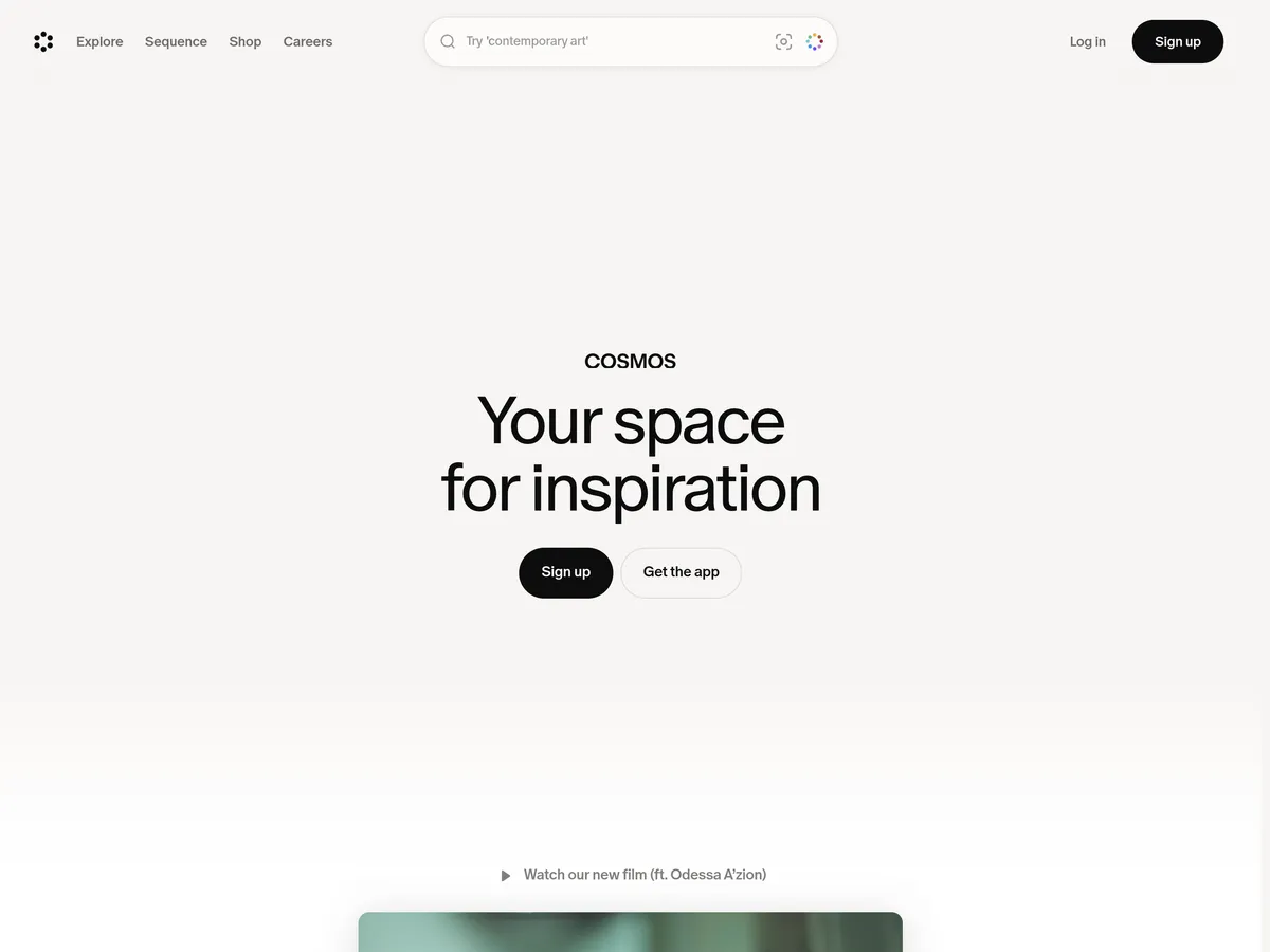 Cosmos home page: the line Your space for inspiration centred on a warm cream ground