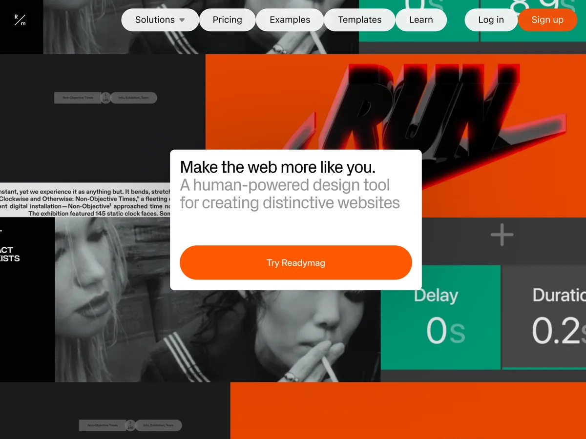 Readymag home page: flat orange, black and green panels stacked across the screen