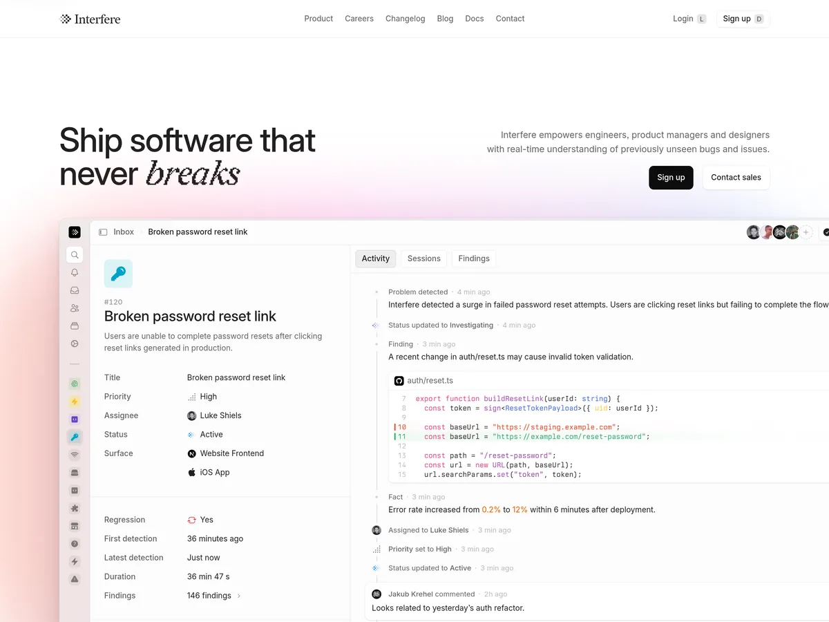 Interfere home page: the headline Ship software that never breaks above a product screenshot