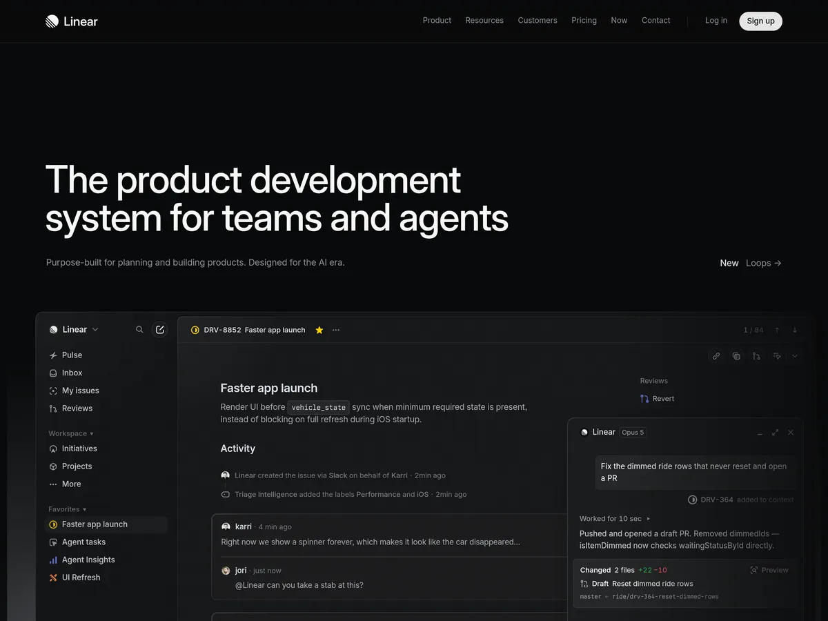 Linear home page: dark interface screenshot under the headline The product development system