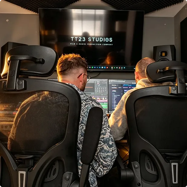 two men in a studio sitting in front of computer screen