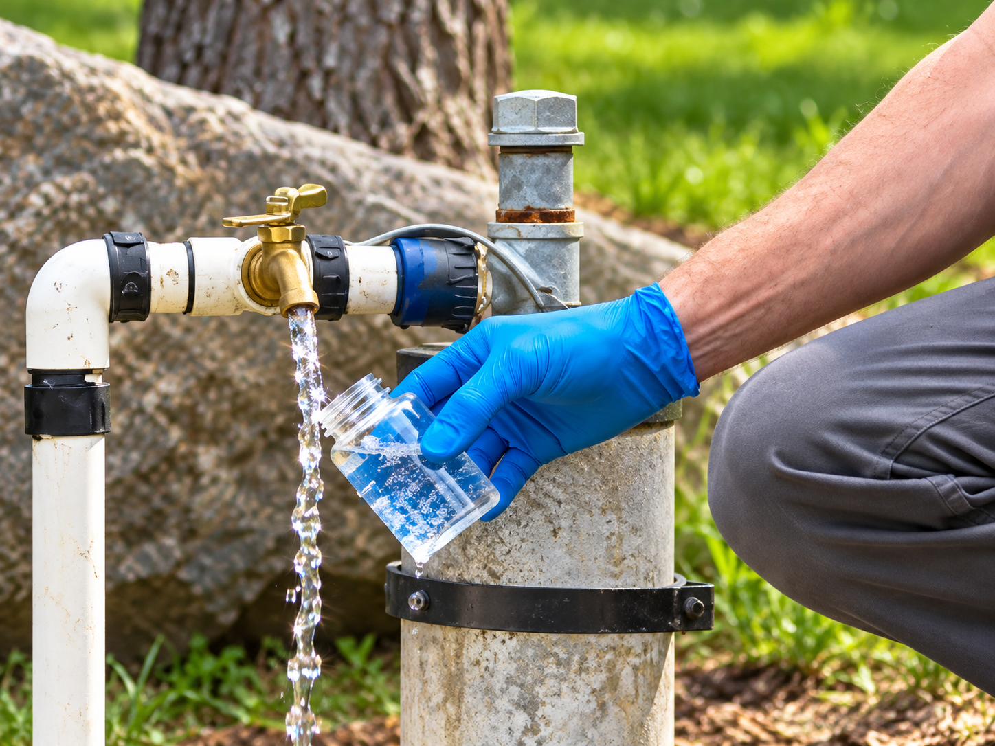 Water sample being collected at a private well source