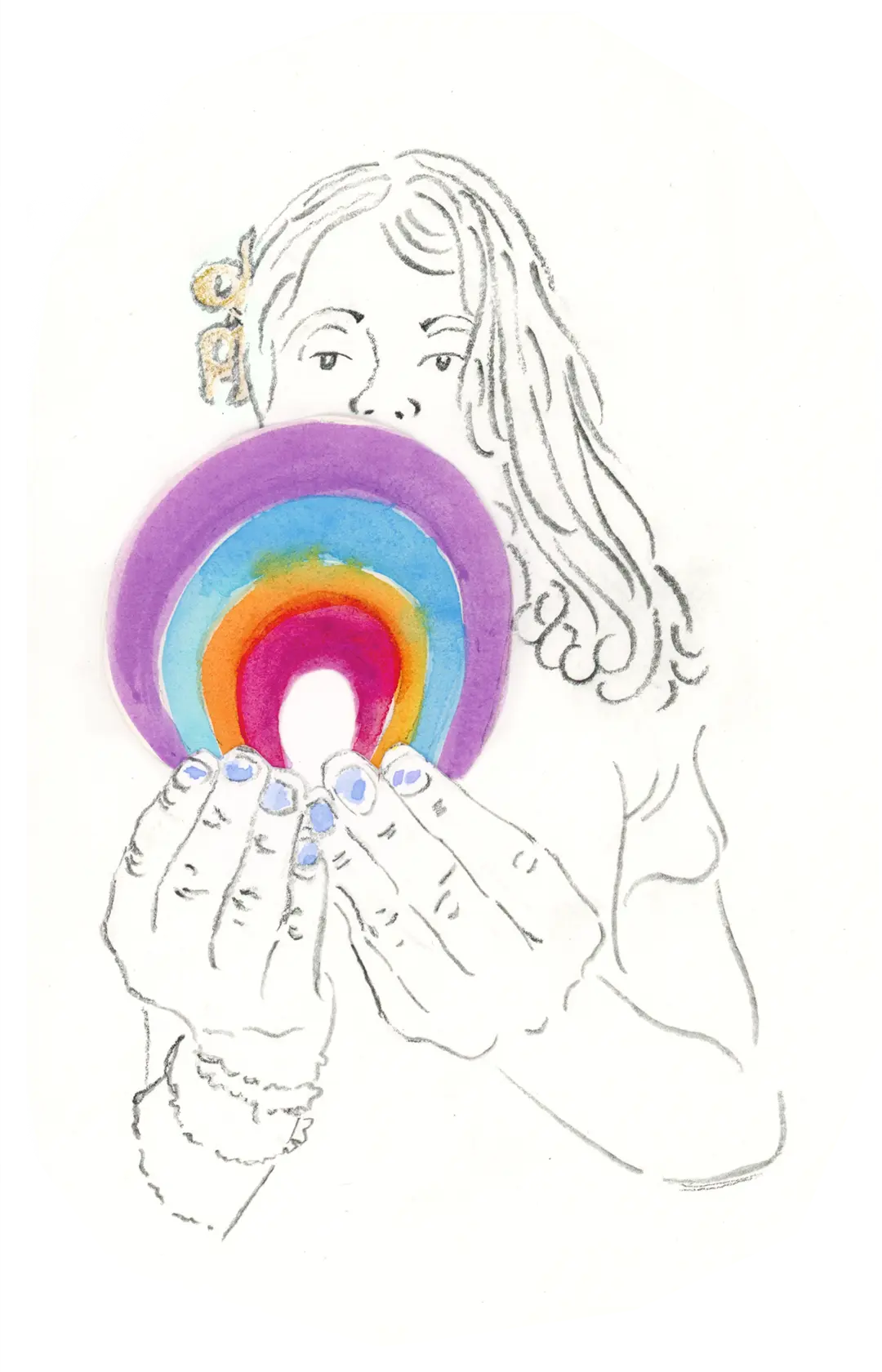 Child holding a painting of a rainbow