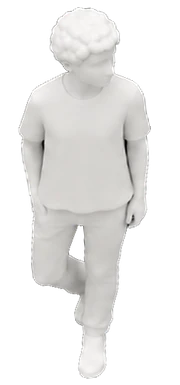 White 3D rendering of a walking person with curly hair wearing a t-shirt, pants, and shoes viewed from above.