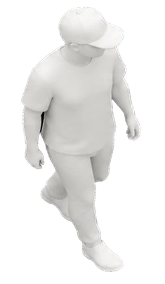 3D rendered monochrome figure of a person walking, wearing a cap, T-shirt, pants, and shoes, viewed from an elevated angle.