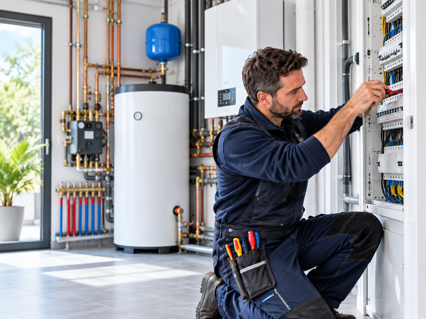 Illustration d’un technicien intervenant sur un tableau électrique dans une chaufferie