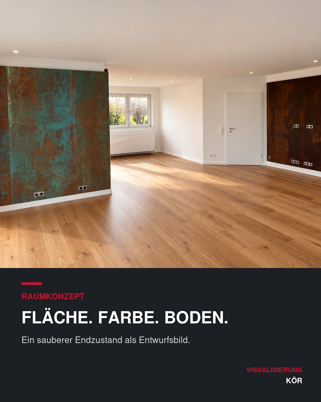 KÖR Raumkonzept mit farbigen Oberflächen und Parkett – Visualisierung.