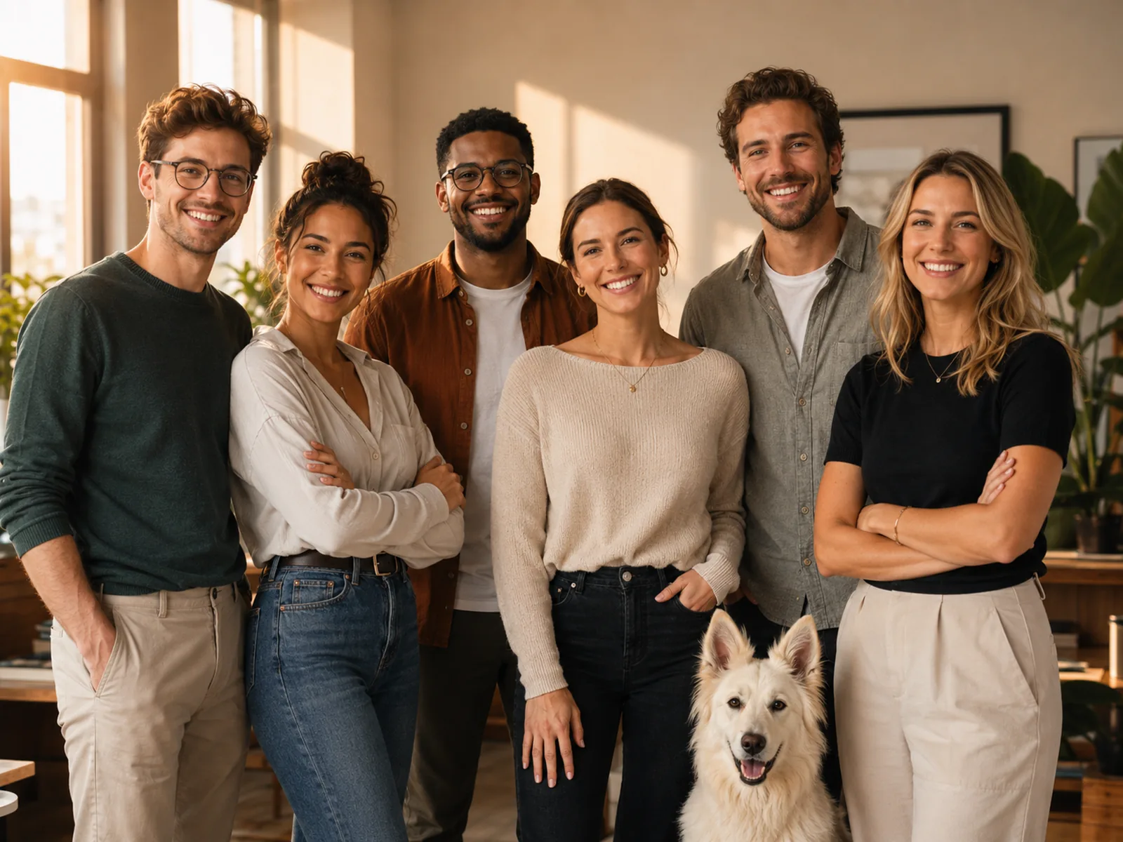 Das Mindspace-Team steht lächelnd zusammen im Büro.
