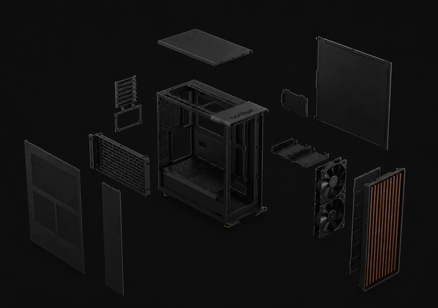 Explosionsansicht eines KI-Servers auf dunklem Grund.