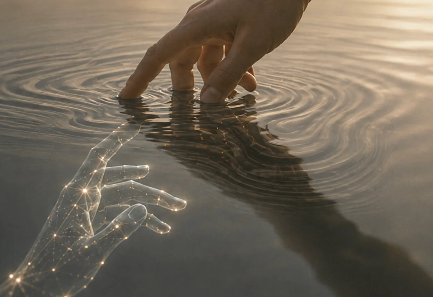 Menschliche Hand berührt Wasser, darunter spiegelt sich eine digitale Hand.