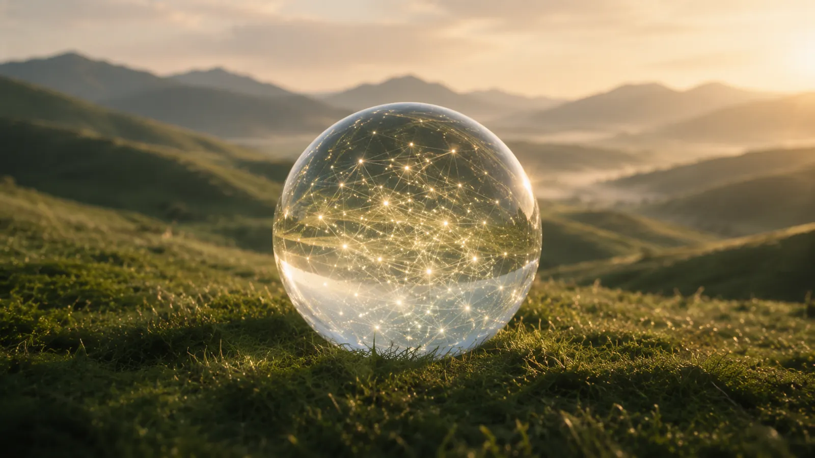 Eine gläserne Kugel mit Lichtnetz liegt bei Sonnenaufgang in einer Hügellandschaft, Sinnbild für eine KI-Lösung, die genau zu Ihrem Unternehmen passt.