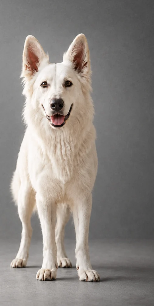 Weißer Schäferhund steht freundlich in die Kamera blickend vor grauem Hintergrund