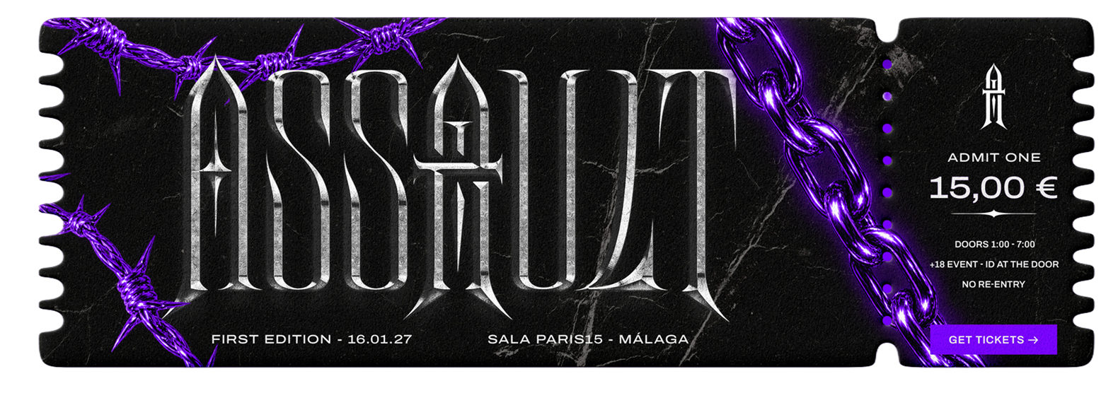 ASSAULT ticket — Admit one, 15,00 €, Sala Paris15 Málaga