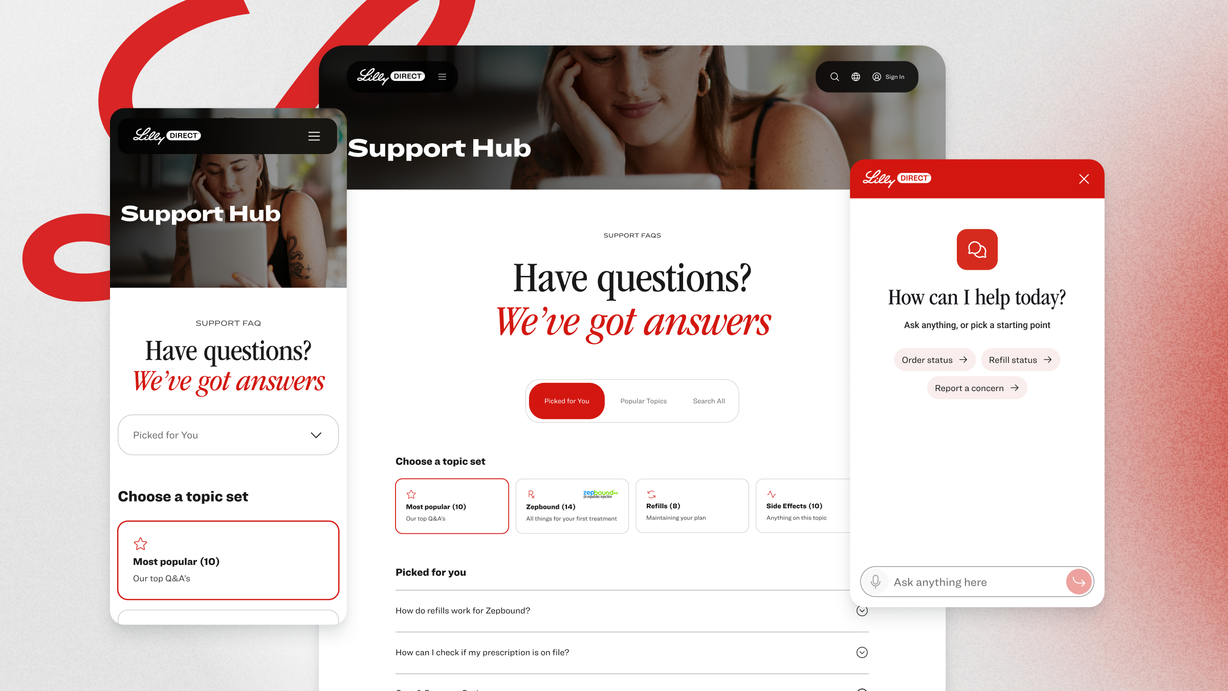 Screenshot of Lilly Direct's Support Hub interface showing FAQ sections and a chat help window. The main page displays the headline 'Have questions? We've got answers' with options to pick topic sets like Most popular, Zepbound, Refills, and Side Effects. The left portion shows a mobile view with similar FAQ topics. On the right, a chat window prompts 'How can I help today?' with quick action buttons for Order status, Refill status, and Report a concern and a text input area for asking questions.