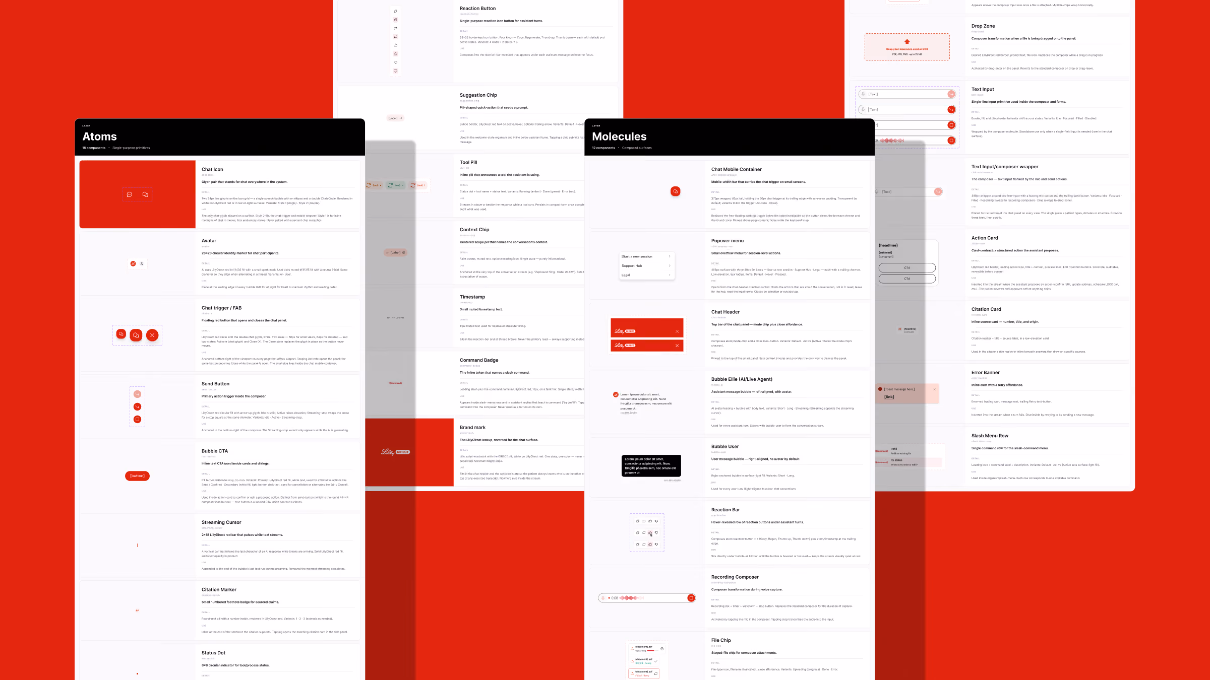 Design system documentation pages displayed on a red background, showing categorized UI components labeled Atoms and Molecules with descriptions and examples.