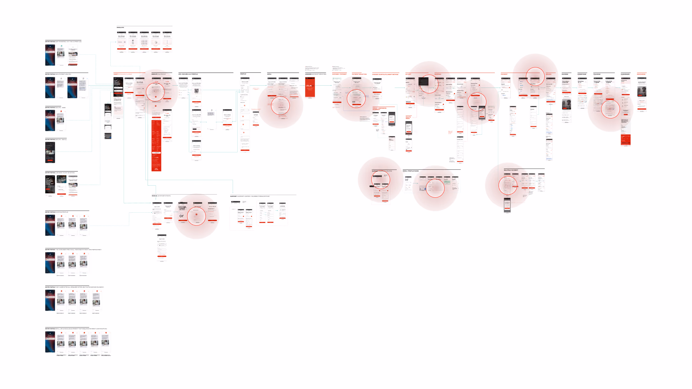 A complex digital flowchart or wireframe diagram displaying multiple interconnected screens or web pages with red circular highlight callouts emphasizing key sections across the layout on a white background.
