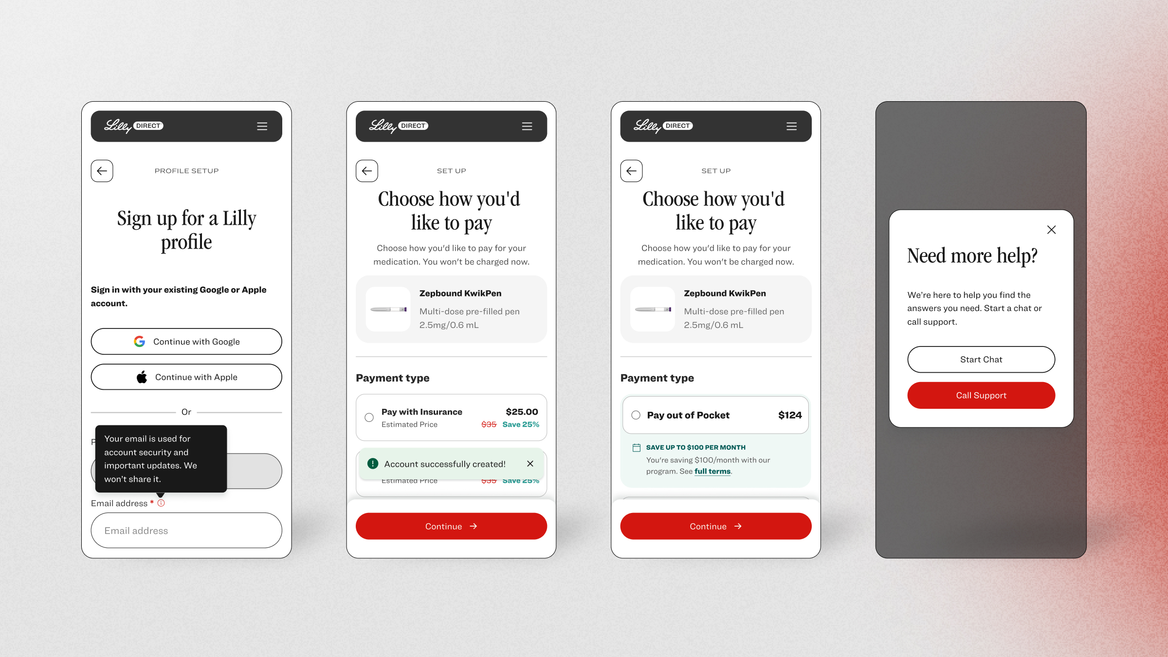 Four mobile app screens from Lilly Direct: 1) Sign up screen with options to continue with Google, Apple, or enter email; 2) Payment setup to choose pay with insurance for $25 displaying an account creation confirmation; 3) Payment setup to choose pay out of pocket for $124 with a savings message; 4) Support prompt offering to start chat or call support.