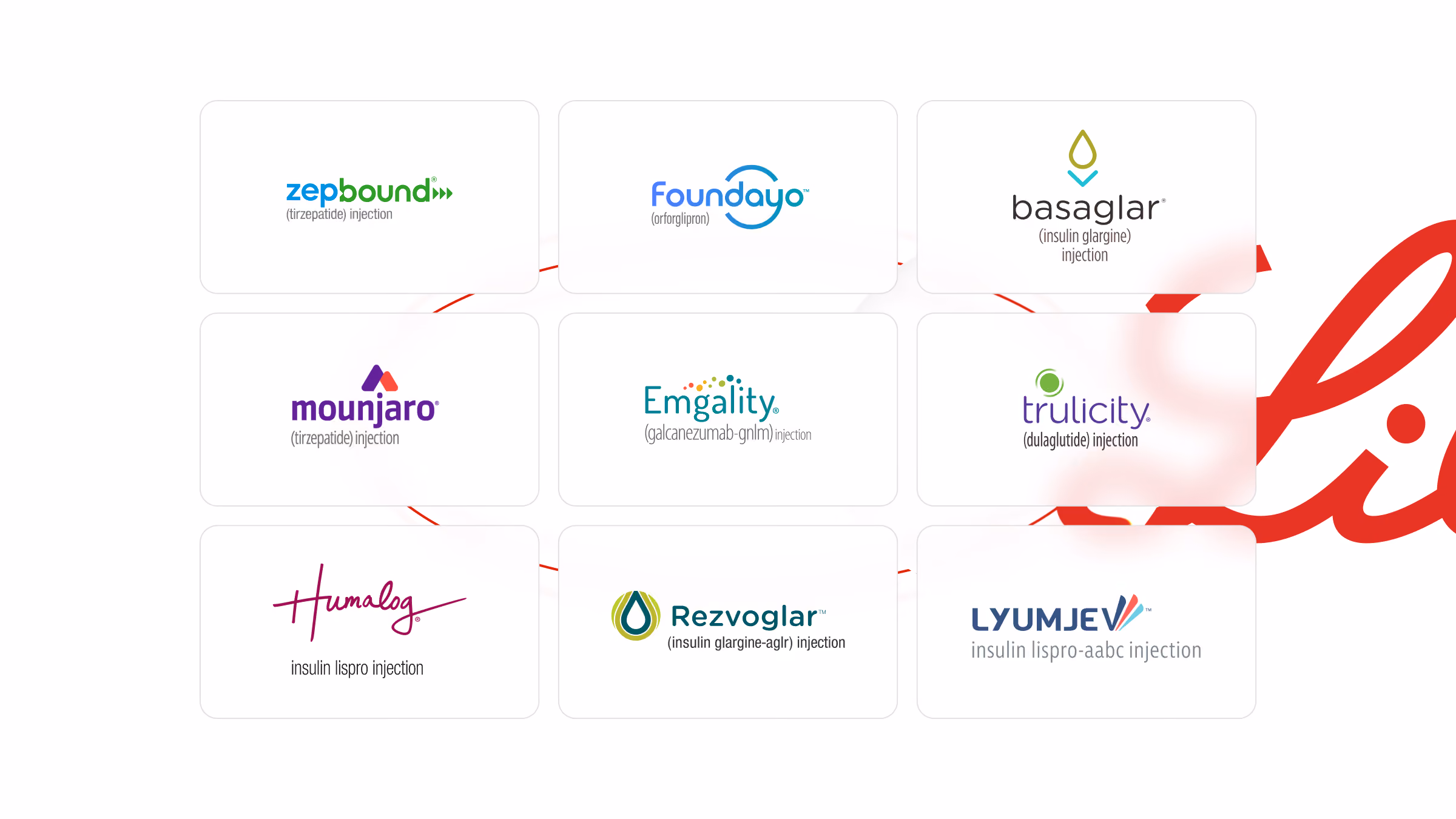 Grid of nine pharmaceutical brand logos for injectable medications, including Zep Bound, Foundayo, Basaglar, Mounjaro, Emgality, Trulicity, Humalog, Rezvoglar, and Lyumjev, each with respective drug description below the brand name.