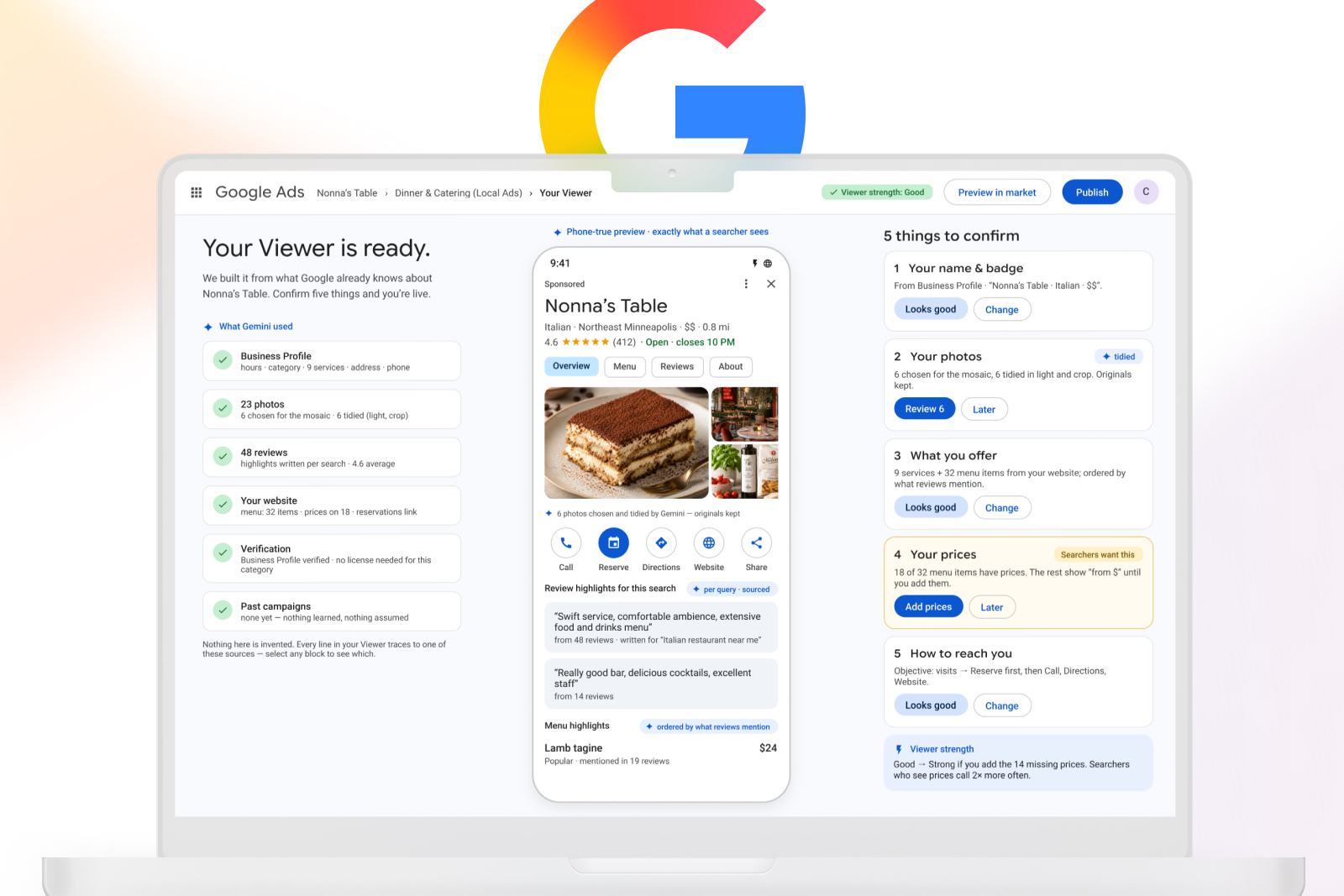 Screenshot of Google Ads interface showing a feature called 'Your Viewer is ready' for Nonna's Table restaurant, highlighting confirmation steps including business profile, photos, reviews, website, verification, and past campaigns on the left; a mobile preview of the restaurant's Google listing with reviews, photos, and menu highlights in the center; and on the right, a checklist of five things to confirm including name & badge, photos, offers, prices, and contact info, with options to review, change, or add details. A blue 'Publish' button is at top right.