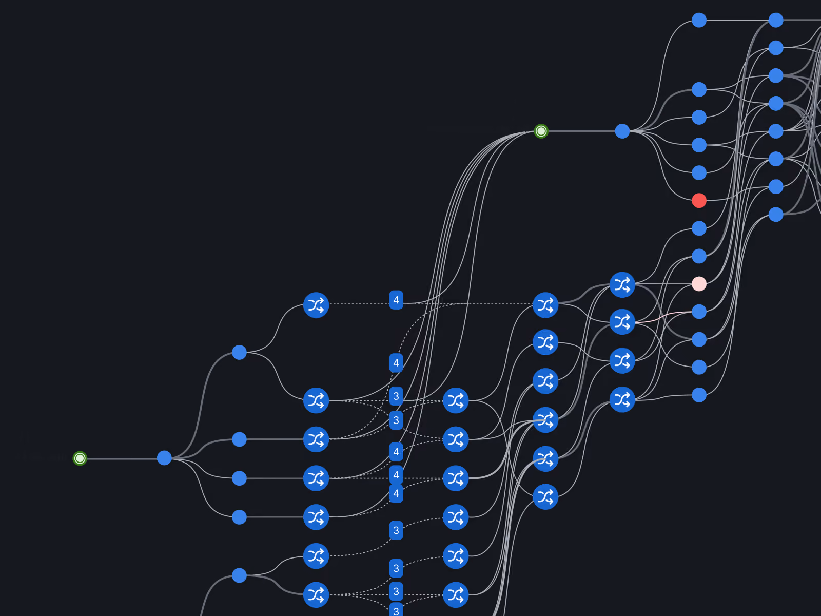 Complex network graph with multiple interconnected nodes represented by blue circular icons, connected by curved lines on a dark background, showing branching paths and clusters.