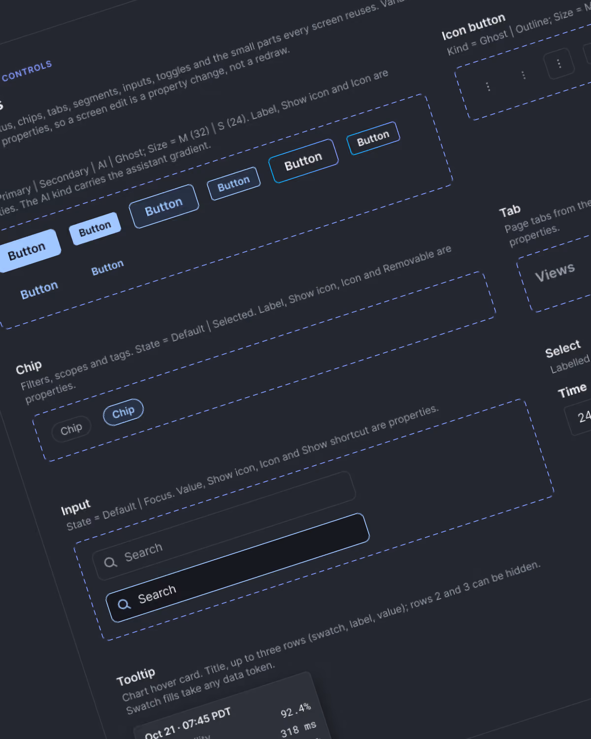 Dark-themed UI design system snippet showing controls like buttons in various states and sizes, chips, input search fields with icons, and a tooltip with a date, time, percentage, and milliseconds.