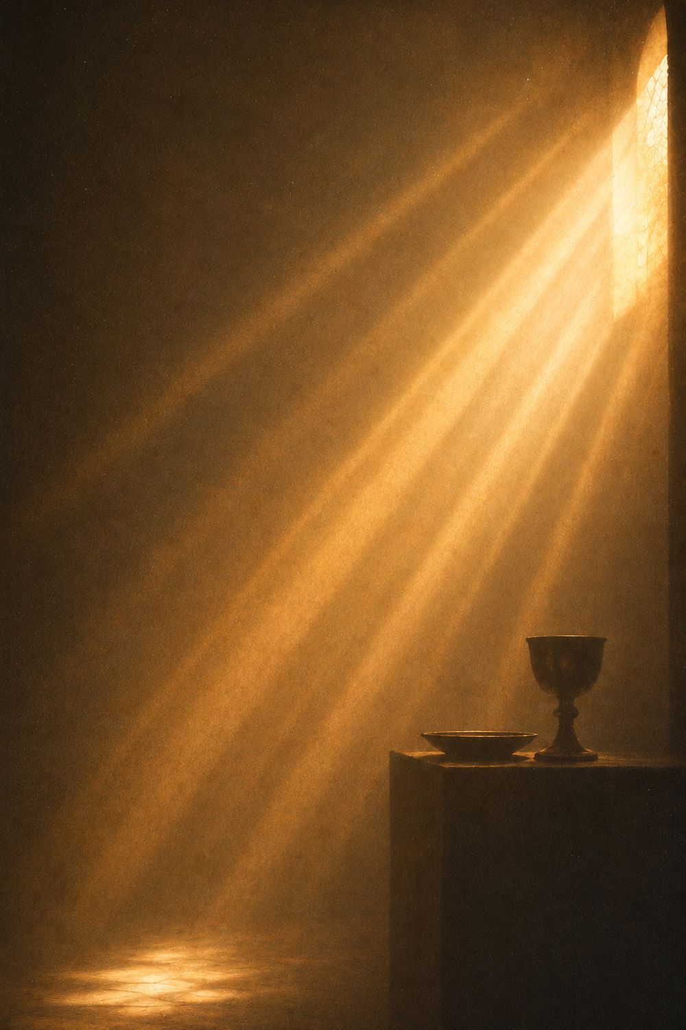 Light falling on a communion cup on a wooden table