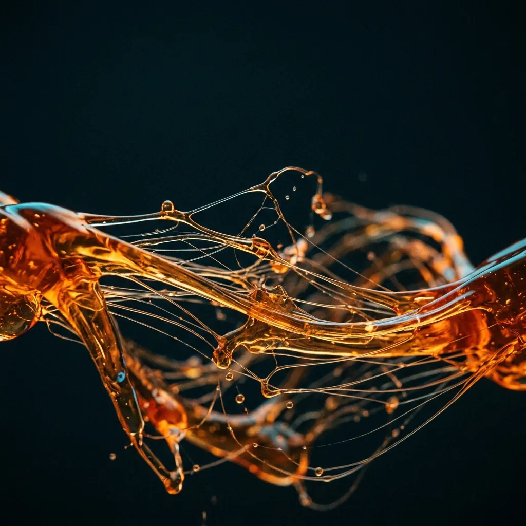 Close-up of Typhon, an amber viscous fluid stretching into fine strands against a dark background
