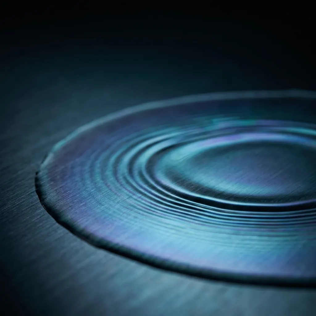 Proteus V1 forming an iridescent blue film with concentric ripples on brushed metal