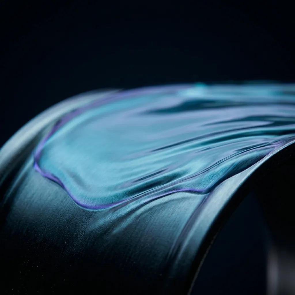 Proteus V1X spreading as a smooth iridescent film over a curved metal surface