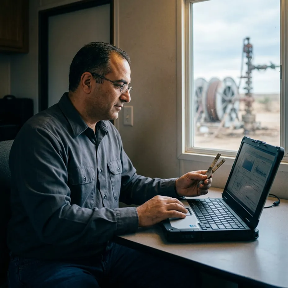 Field technician reviews corrosion coupon data on a rugged laptop in a wellsite office, with a wellhead visible through the window