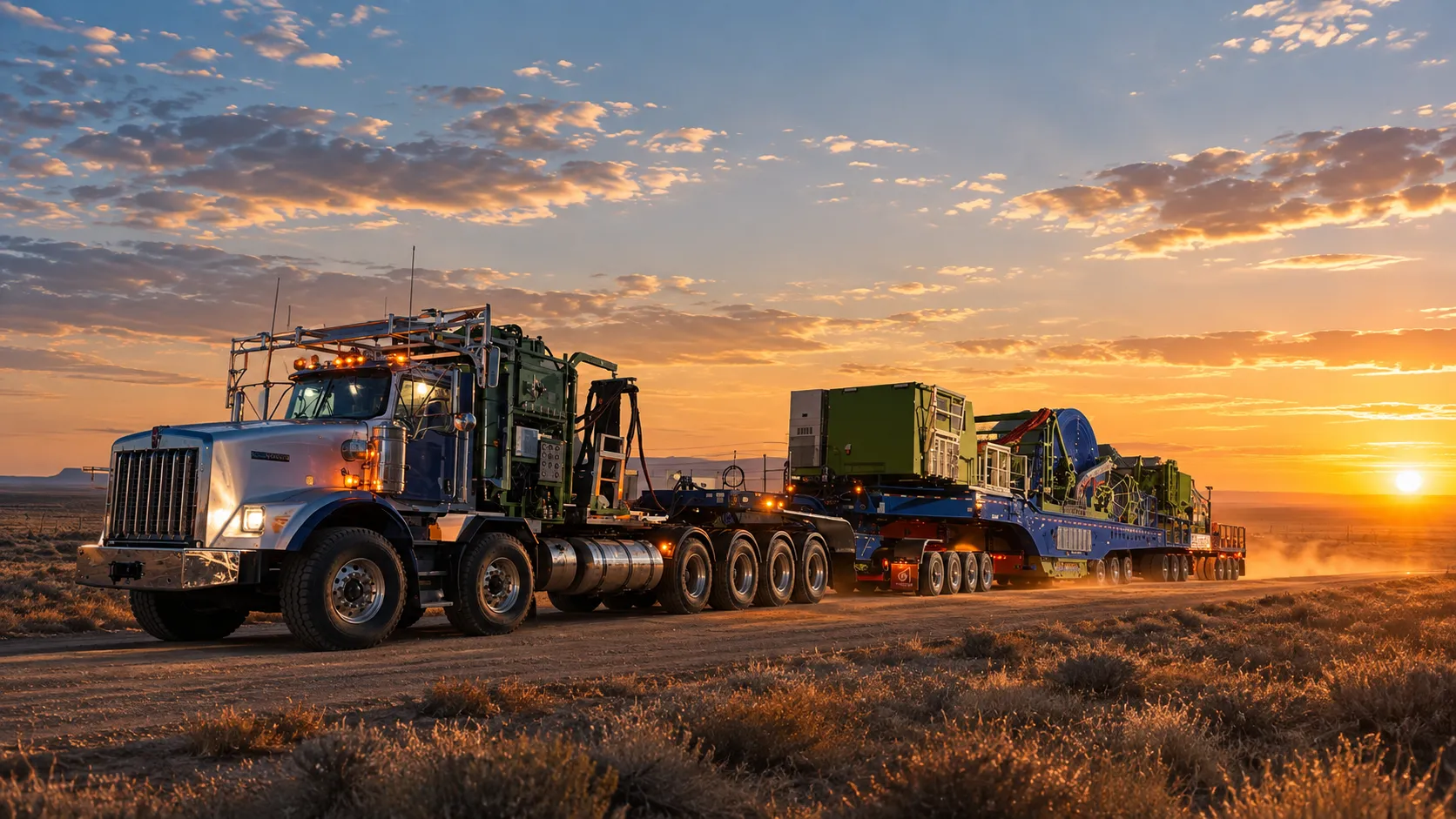 Heavy-haul truck transporting oilfield service equipment on a multi-axle trailer along a desert road at sunset