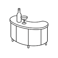 Black silhouette of a curved bar counter with a wine bottle and two glasses on top.