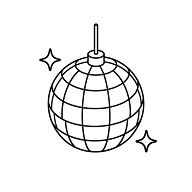 Black outline illustration of a disco ball hanging from a thin string with two sparkles nearby.