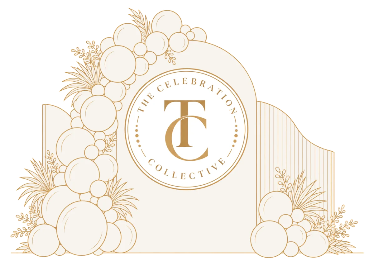 Decorative arch-shaped event backdrop with clusters of balloons and leaves along left and bottom edges and the words 'The Celebration Collective' encircling stylized letters T and C in the center.
