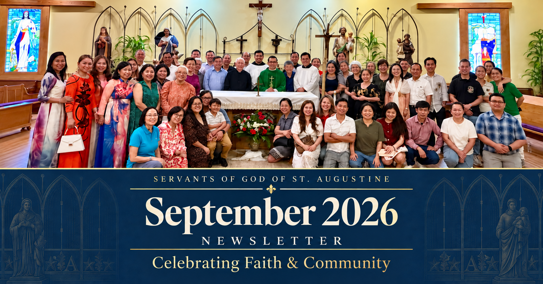 September 2026 newsletter cover showing the monastery community gathered in the chapel for the celebration of St. Augustine.